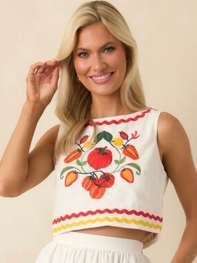 Prosperina Virginia Tomato Embroidered
Cotton Sleeveless Top NWT Size Large